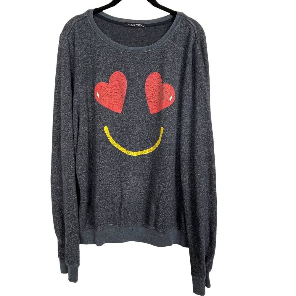 Wildfox‎ Sweatshirt L Gray Smiling Hearts Teddy Bear Cozy Comfy Boho Pullover
